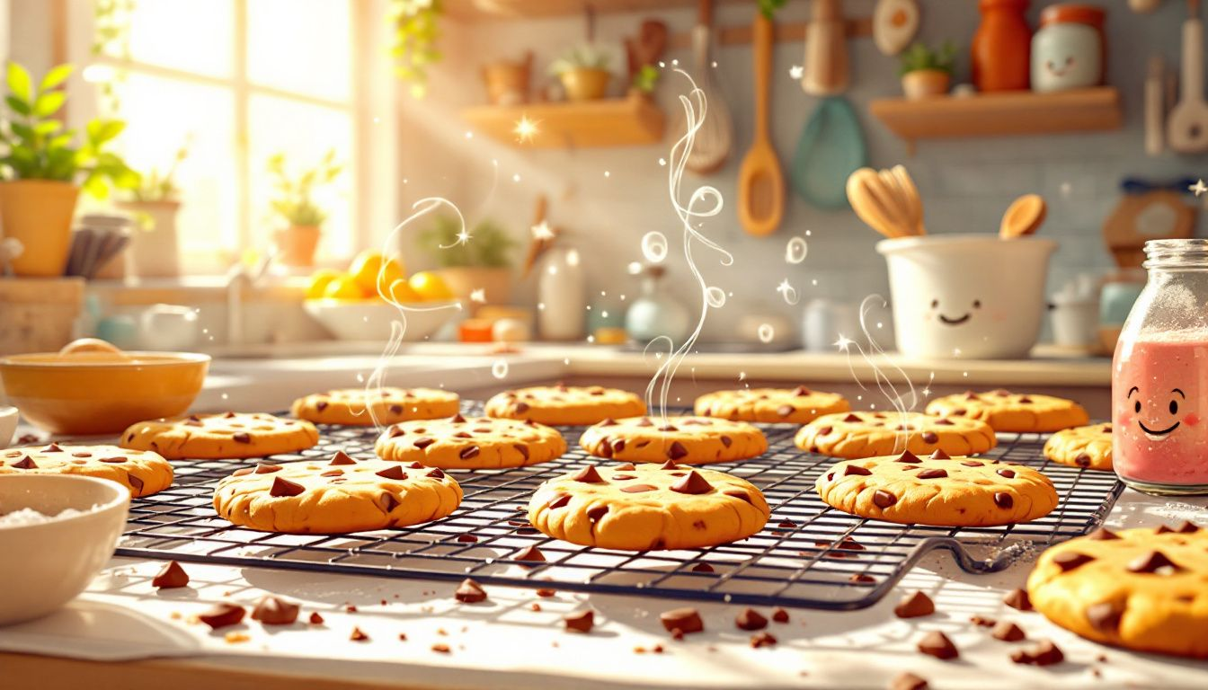 Perfectly Baked Chocolate Chip Cookies Cooling On A Wire Rack.