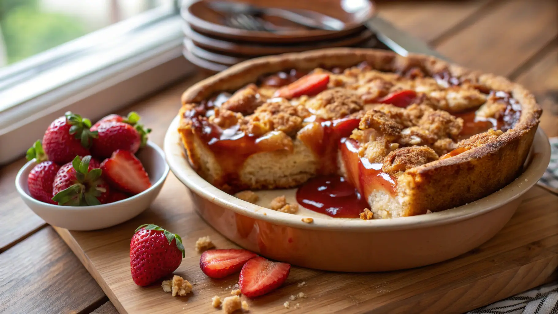 A Pie With Strawberries In A Bowl