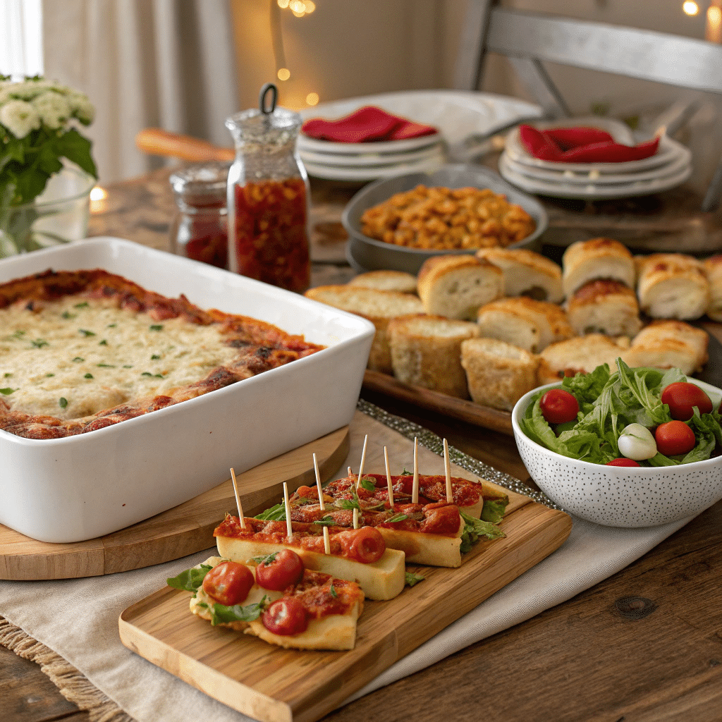 A Delicious Italian Potluck Spread Featuring Lasagna, Baked Ziti, Bruschetta, And Antipasto Skewers.