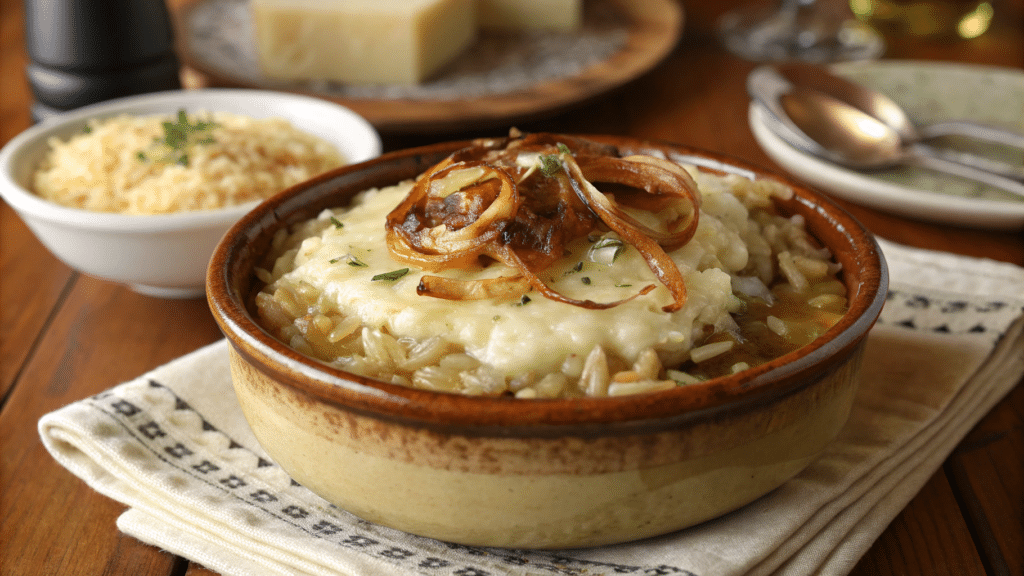 A Steaming Bowl Of French Onion Soup Rice Topped With Melted Gruyère Cheese And Crispy Caramelized Onions, Served In A Rustic Ceramic Dish.