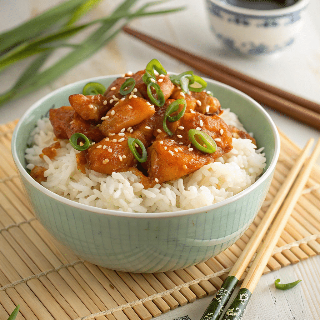 A Bowl Of Fluffy Jasmine Rice Topped With Sweet Fire Chicken, Garnished With Green Onions And Sesame Seeds, Served With Chopsticks.