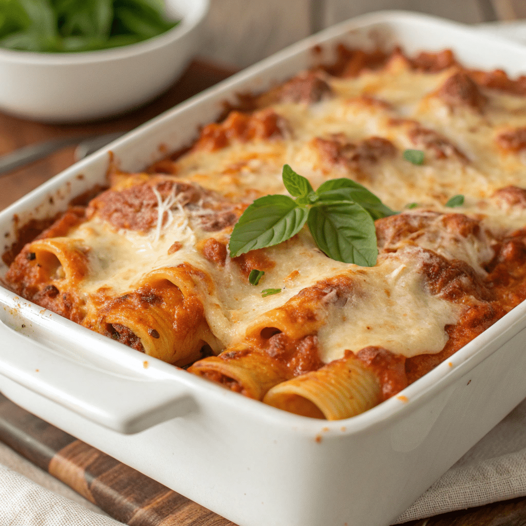 A Baked Ziti Casserole With Melted Cheese, Marinara Sauce, And Fresh Basil.