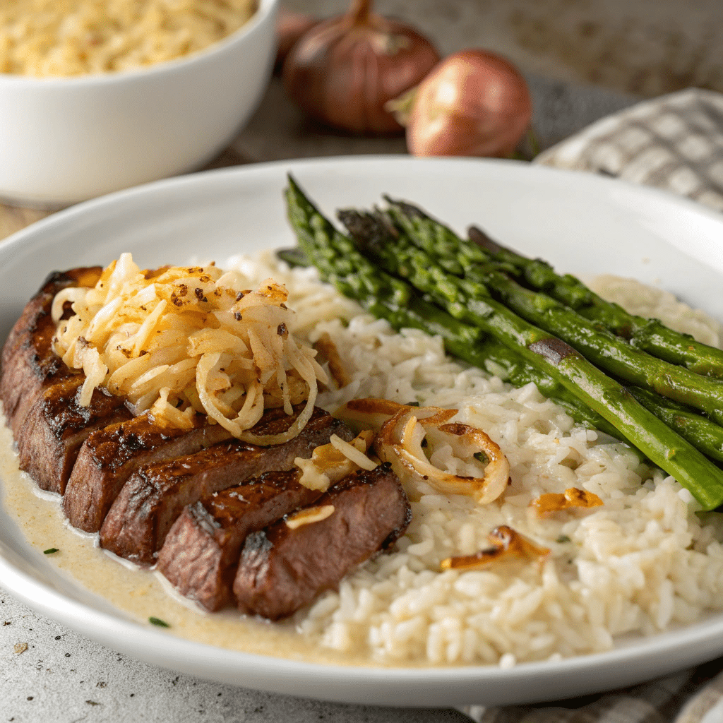 A Plate Of French Onion Soup Rice Served With Grilled Skirt Steak And Roasted Asparagus, Garnished With Fresh Thyme.