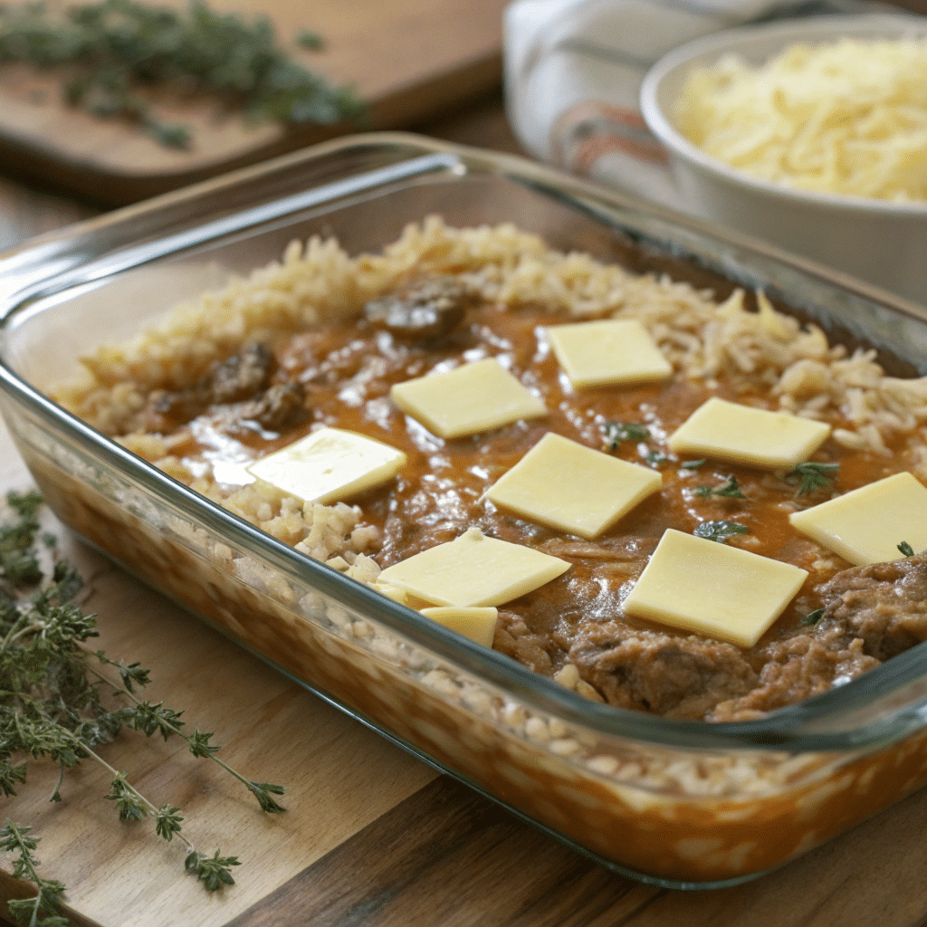 A Glass Baking Dish Filled With Long-Grain Rice, Beef Broth, French Onion Soup, And Butter, Ready To Be Baked In The Oven.