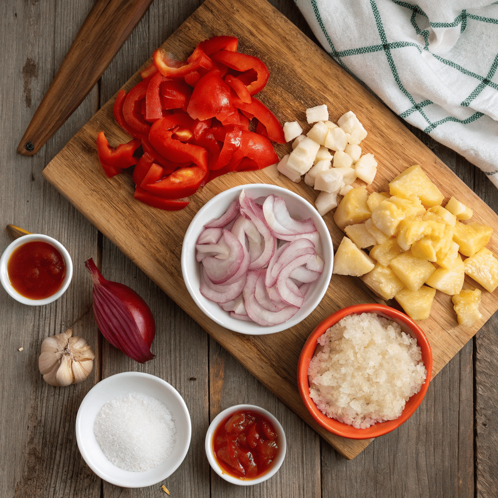 A Cutting Board With Food Ingredients On It