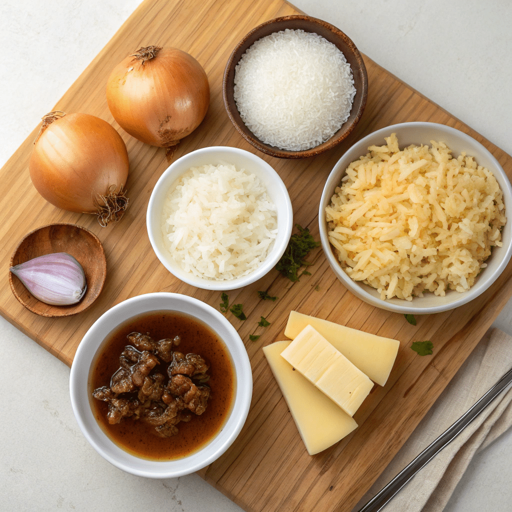 A Top-Down View Of Ingredients For French Onion Soup Rice, Including Rice, Beef Broth, Onion Soup, Gruyère Cheese, Butter, Caramelized Onions, And Thyme.