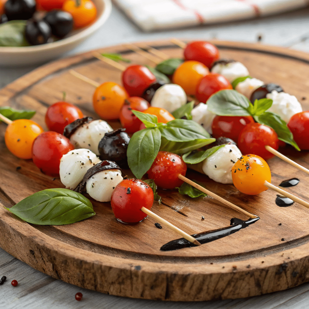 Italian Antipasto Skewers With Mozzarella, Cherry Tomatoes, Olives, And Cured Meats.