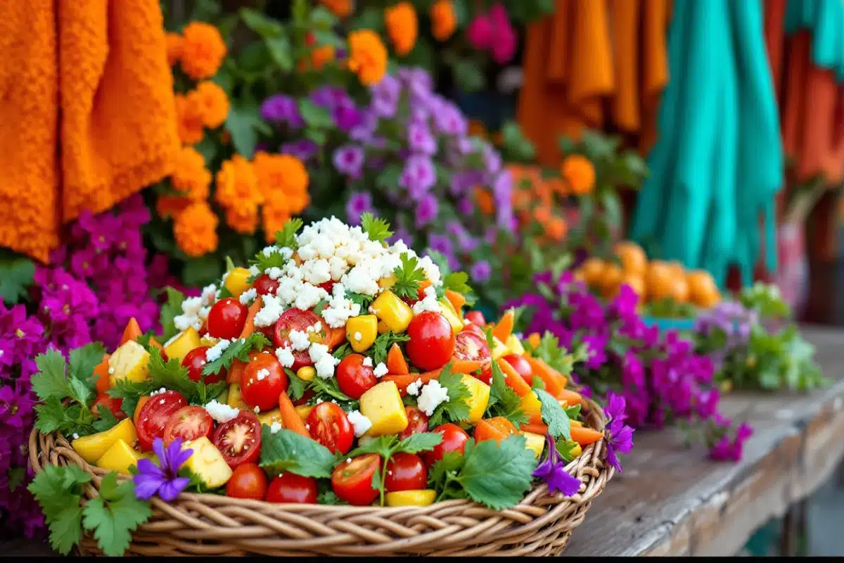 A Colorful Salad Topped With Cotija Cheese And Grilled Corn.