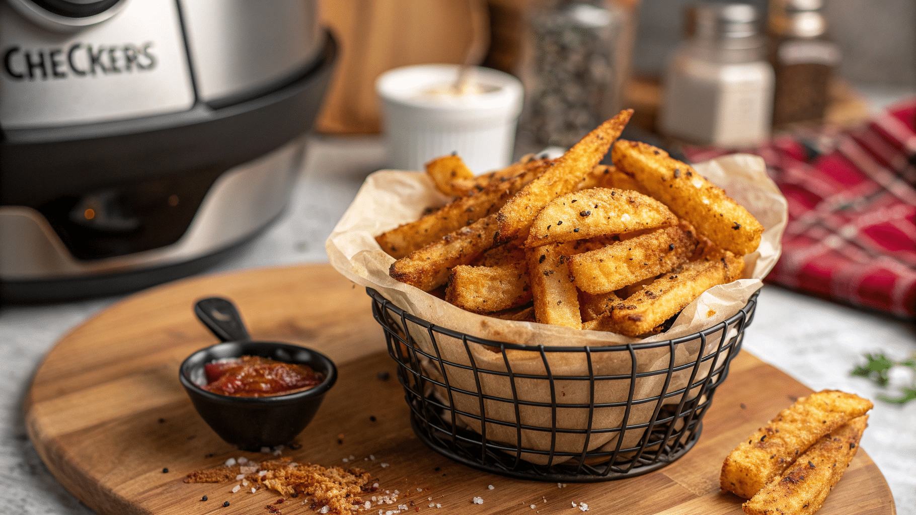 Crispy Checkers-Style Fries Cooked In An Air Fryer, Golden Brown And Perfectly Seasoned, Served In A Basket With Dipping Sauces.