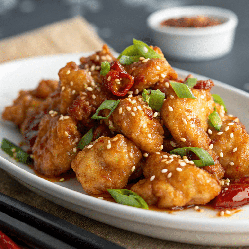 A Plate Of Panda Express Sweet Fire Chicken With Crispy Chicken, Red Bell Peppers, Onions, And Pineapple Chunks In A Sweet And Spicy Sauce.