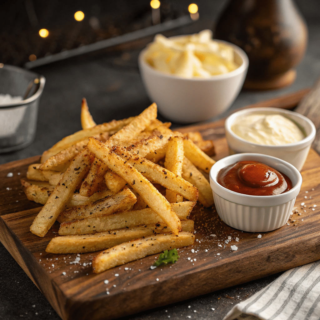 Crunchy Checkers Fries With A Bold Seasoning Blend, Served With Cheese Sauce, Ketchup, And Spicy Mayo On A Wooden Board.